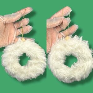 White Fluffy Ring Wreath Christmas Ornaments - Set Of Two - “Snowfall”